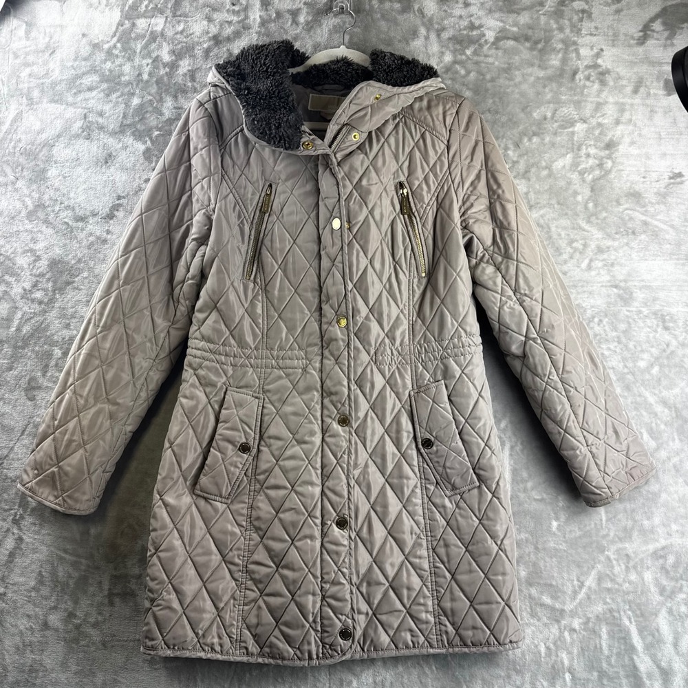 Michael Kors Quilted Parka Women Medium Taupe Faux Fur Hood Jacket (P)